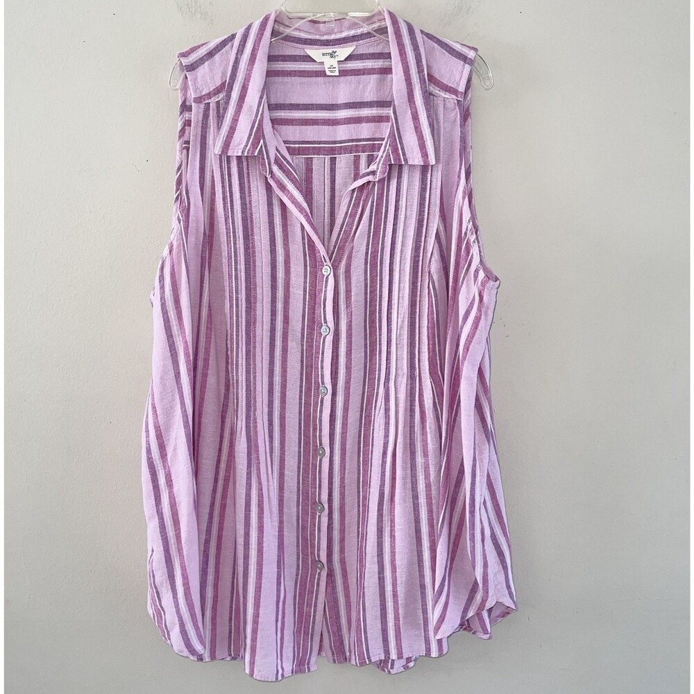 Terra Sky Pink Linen Blend Shirt Plus Size 1X Top Sleeveless Striped Collared